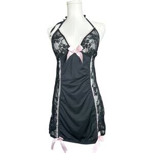 Plus size Black Lace Babydoll Lingerie w/ Pink Bows – Coquette, Boudoir  315
